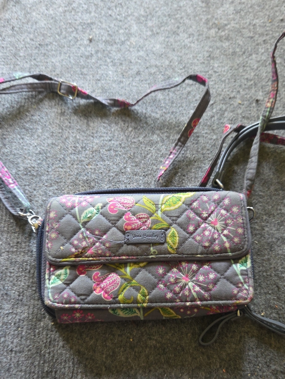 Vera Bradley Mickey Gray Quilted Floral Crossbody with Pink & Green Accents